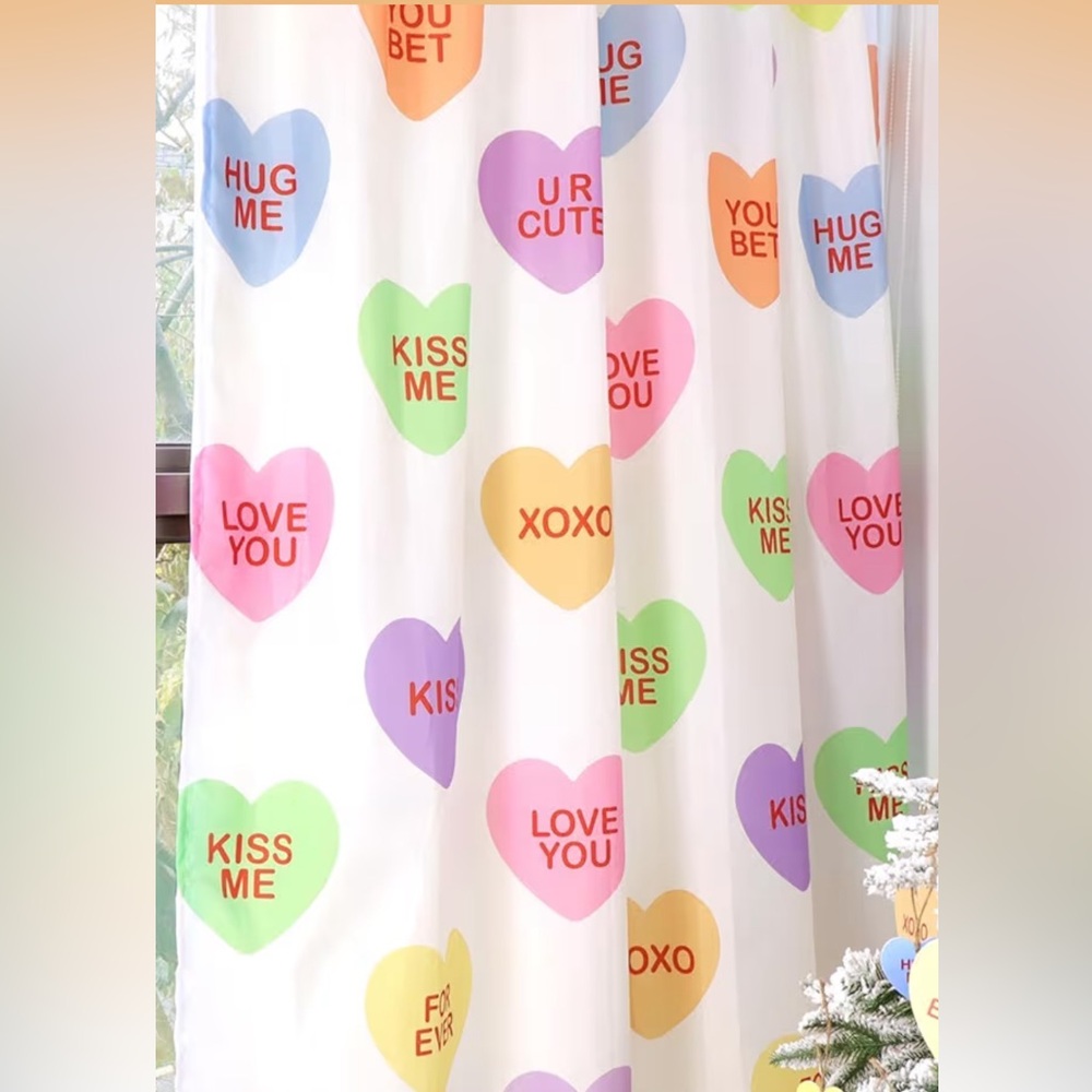 VALENTINE CONVERSATION HEARTS SHOWER CURTAIN VALENTINES DAY DECOR BATHROOM CUTE